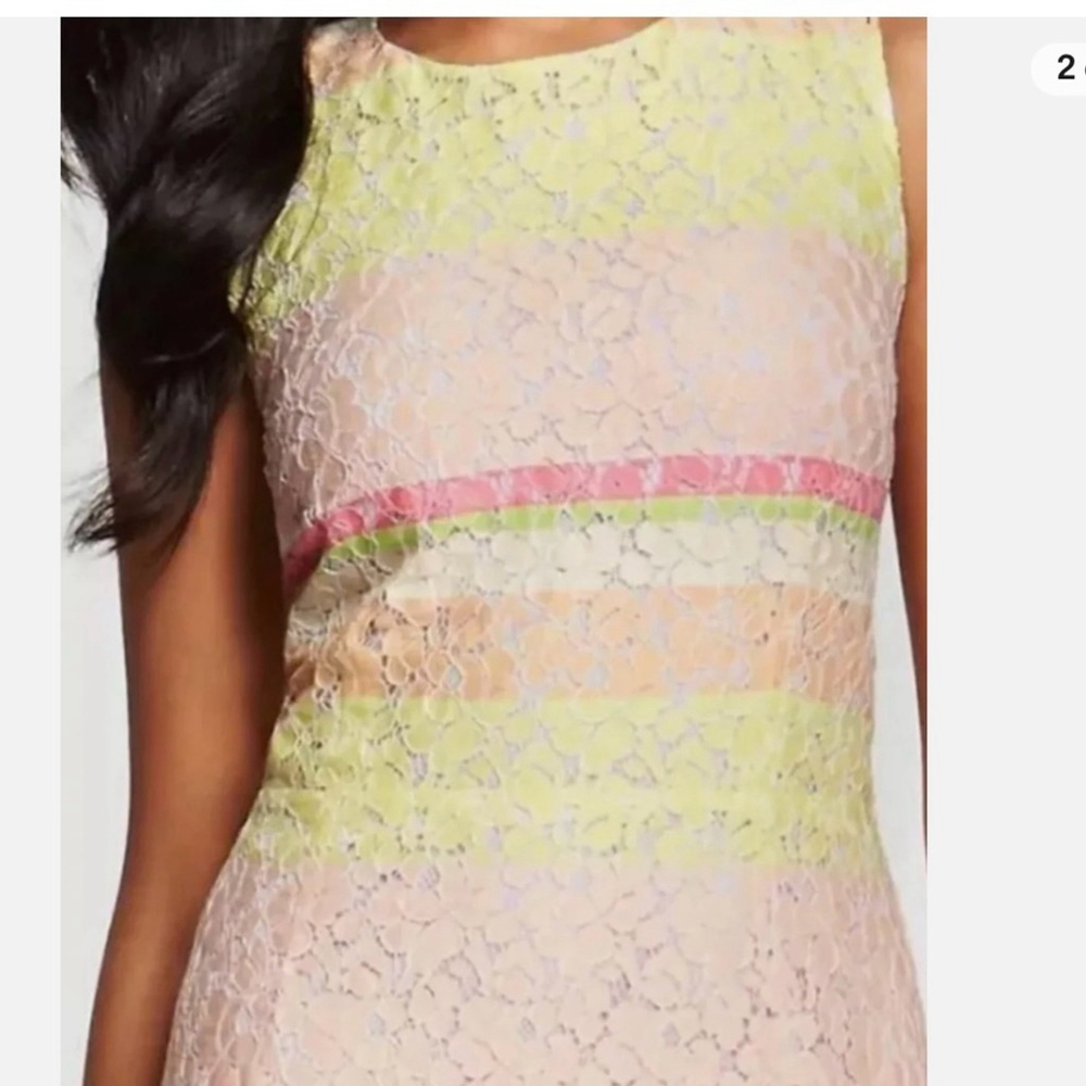 ANN TAYLOR Lace Sheath Dress~Pink Yellow Stripe~Sleeveless Lined Midi 10 - Picture 3 of 10